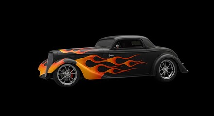 Fototapeta premium Custom Car with Flame Decal Black Classic Vehicle Isolated