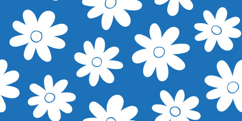 Simple hand drawn daisy flower pattern. Summer blue color background with floral pattern, design for fabric textile cover and wallpaper.