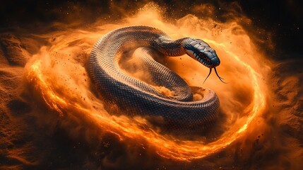 A cobra coiled and striking within a sandstorm, electric orange dust forming dynamic trails around its scaled body in an abstract setting.