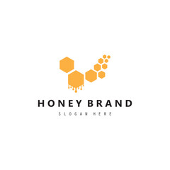 Honey brand Logo Icon Design Template. Fresh honey logo with honey comb, Honey pot, wooden dipper.
