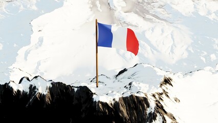 3D rendering of France's national flag, featuring three vertical stripes of blue, white, and red, gracefully waving atop a snow-covered mountain peak, symbolizing national pride and resilience.

