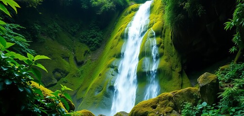 Obraz premium Lush moss drapes a tall, cascading waterfall, vibrant green foliage surrounds, outdoor, stock