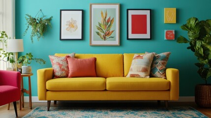 Bright living room with a yellow sofa, colorful cushions, modern artwork on teal wall, vibrant decor, inviting atmosphere.