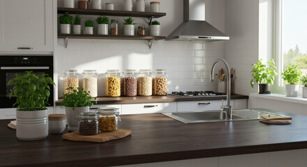 Sunlit Kitchen Counter with Glass Jars of Grains and Herbs