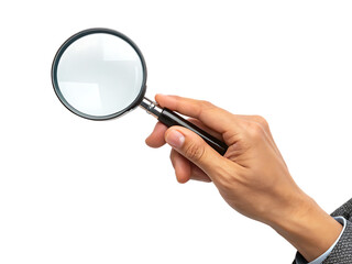 Hand holding magnifying glass isolated on white background, PNG