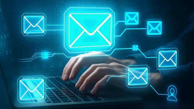Hands Typing on Laptop with Glowing Email Icons Representing Online Communication, Digital Messaging and Business Correspondence

