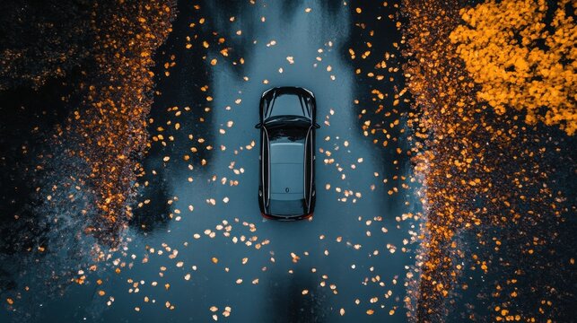 Aerial view of a black car parked on wet asphalt road surrounded by fallen autumn leaves creating a seasonal scene