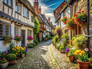 Fototapeta premium Spring Tudor Village Cobblestones Long Exposure