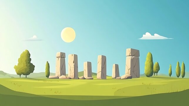 Ancient stones with sunny field landscape.