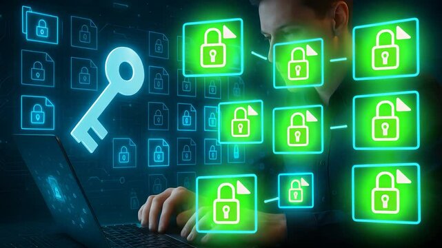 Man Using Laptop with Glowing Green Locks and Key Icon Representing Digital Security, Data Access Control, and Encryption System

