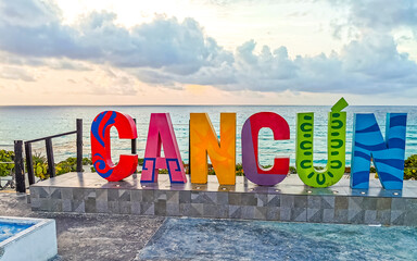 Beach Playa Delfines sunrise viewpoint sign lettering Cancun Mexico.