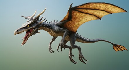 Obraz premium Dragon Flying with Open Mouth Against Sky