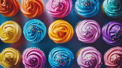 Colorful assortment of decorated cupcakes arranged in a neat display at a party event