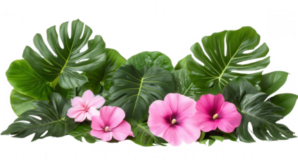 Exotic tropical leaves and pink hibiscus flowers on PNG transparent background, ideal for summer designs and botanical projects