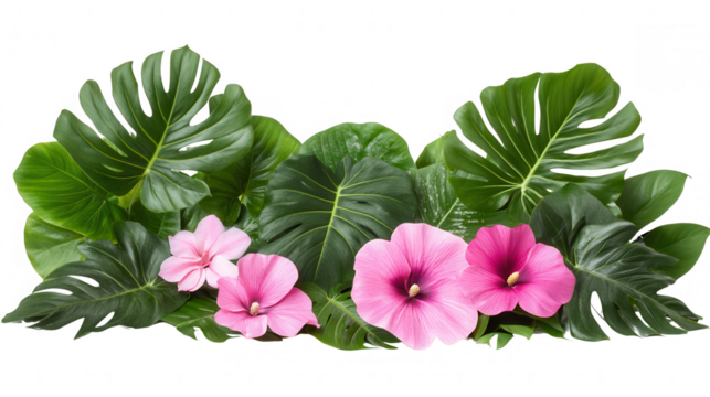 Exotic tropical leaves and pink hibiscus flowers on PNG transparent background, ideal for summer designs and botanical projects - Powered by Adobe