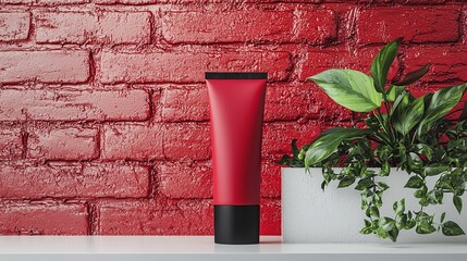 A vibrant red cosmetic tube stands against a rustic red brick wall, complemented by lush green plants.