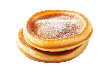 Fototapeta premium Stack of golden brown fluffy Korean Hotteok pancakes lightly dusted with powdered sugar, isolated on white transparent background, concept of breakfast or dessert