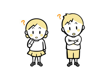 不思議そうな表情の、普段着の男女の子ども