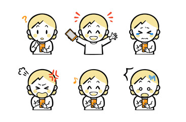 スマホを持った、普段着の女の子の表情セット