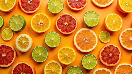 Obraz premium Citrus Fruit Slices, Vibrant Pattern, Rule of Thirds, Orange Background