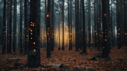 Obraz premium Sunlight filters through trees illuminating a forest path covered with autumn leaves during late afternoon