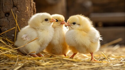 Three small chickens isolated on white background.

