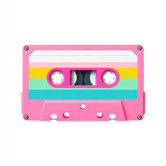 Obraz premium Retro cassette tape in vibrant pink with colorful stripes, perfect for music lovers and nostalgic vibes