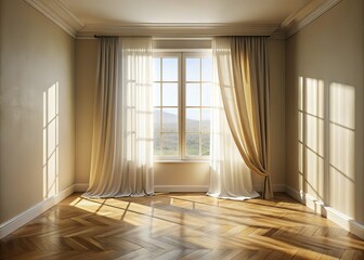 Obraz premium Sunlight Window Shadow on Beige Wall, Empty Room