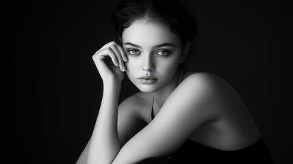 Fototapeta premium Pensive Young Woman Monochrome Portrait: Dark Hair, Soft Lighting, Serious Expression