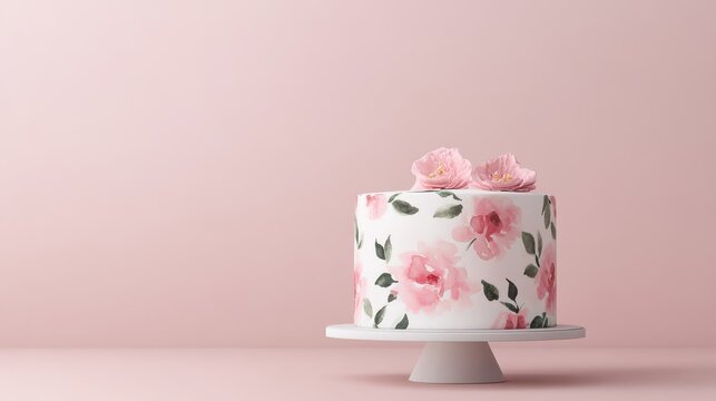 Beautiful birthday cake with floral decorations, elegant white and pink design, perfect for celebrations and special occasions.