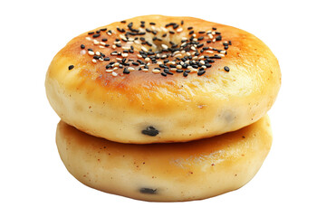Golden brown Korean Hotteok buns with sesame seeds on top, isolated on white transparent background. Concept of bakery or traditional snack