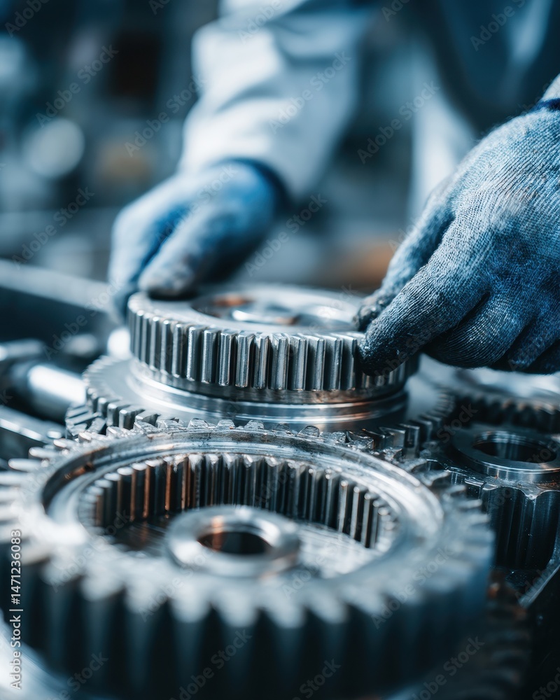 Poster mechanic assembling gears close up in workshop; hands in gloves fitting cogwheels; engineering preci