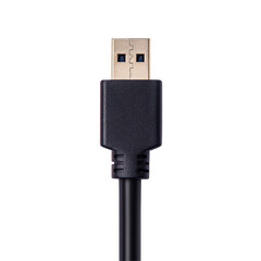 Close up of a black usb c cable connector against a transparent background   perfect for technology websites and presentations