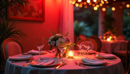 Romantic Dinner Table with Red Lighting