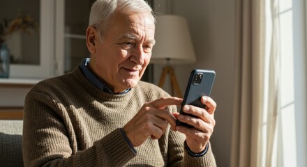 Senior man smiling using smartphone at home