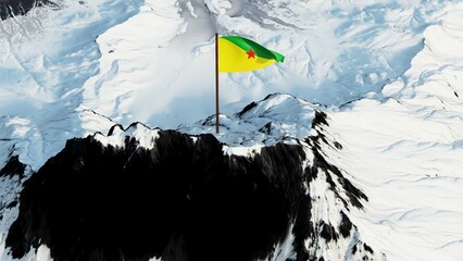 3D rendering of French Guiana's flag, featuring a green and yellow diagonal bicolor with a red five-pointed star at the center, gracefully waving atop a snow-covered mountain peak, symbolizing regiona