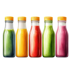 Five Colorful Bottles Filled with Delicious Smoothies Ready to Drink Healthy Lifestyle Choice isolated on transparent background
