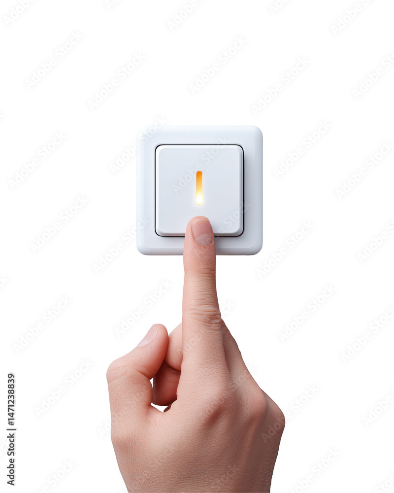 Poster a hand presses a light switch illuminating a bright light inside the switch isolated on transparent 