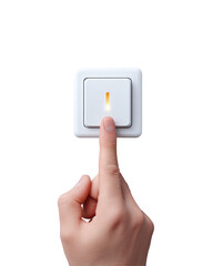 A hand presses a light switch illuminating a bright light inside the switch isolated on transparent background