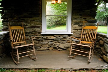Two wooden rocking chairs on a stone porch, facing a window.  Tranquil outdoor seating area