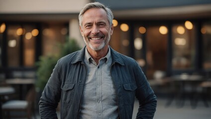 Obraz premium A middle-aged man stands with hands on hips, smiling confidently and radiating warmth and wisdom.