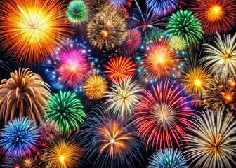 Fototapeta premium Colorful Fireworks Panoramic Burst, White Background, AI Photo, Explosion, Celebration