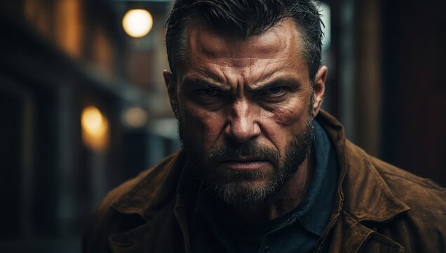 A man stares down the camera with raw anger, his presence commanding and fierce.

