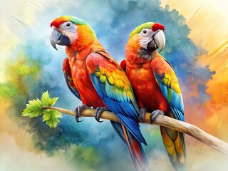 Colorful Parrots on Watercolor Branch - High Depth of Field