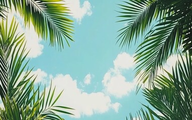 Naklejka premium Lush palm fronds frame a bright, light blue sky dotted with fluffy white clouds