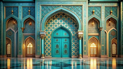 Obraz premium Surreal Teal Mosque Facade, Golden Doors, Ornate Arches