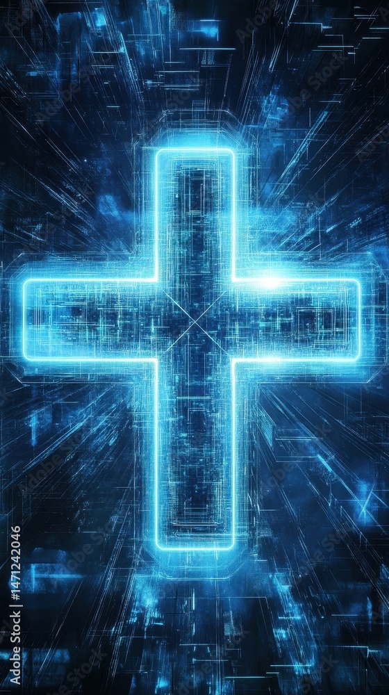 Poster glowing blue cross symbol in digital network abstract futuristic background vertical composition tec