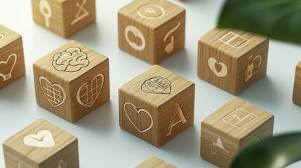 Wooden blocks with symbolic icons arranged in a pattern.