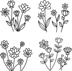 A set of black and white floral line drawings, various flower types including tulip, daisy, rose, lotus, and abstract blossoms, minimal outline illustration, white background art.
