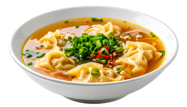 Delicious Dumpling Soup Recipe: Broth, Noodles, and Garnish with Transparent Background